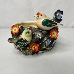 Vintage Occupied Japan Ceramic Planter Two Birds Flowers Basket Weave Design